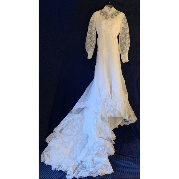 Custom Wedding Dress Size 2/4 High neck Victorian style 4 foot train Satin Lace